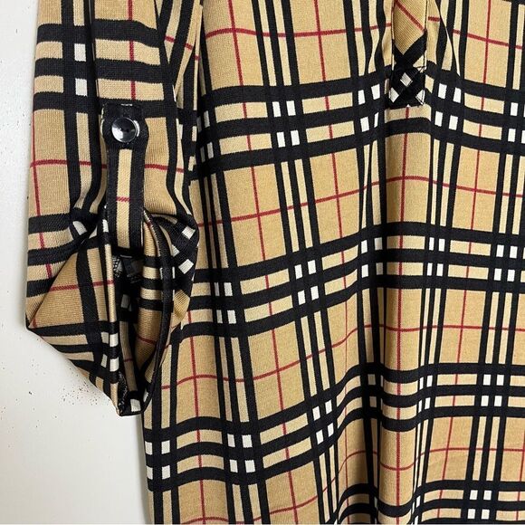 Ali Miles Plaid Blouse Camel Black Red Check Long Roll Up Tab Sleeve Tunic Large - Picture 4 of 8